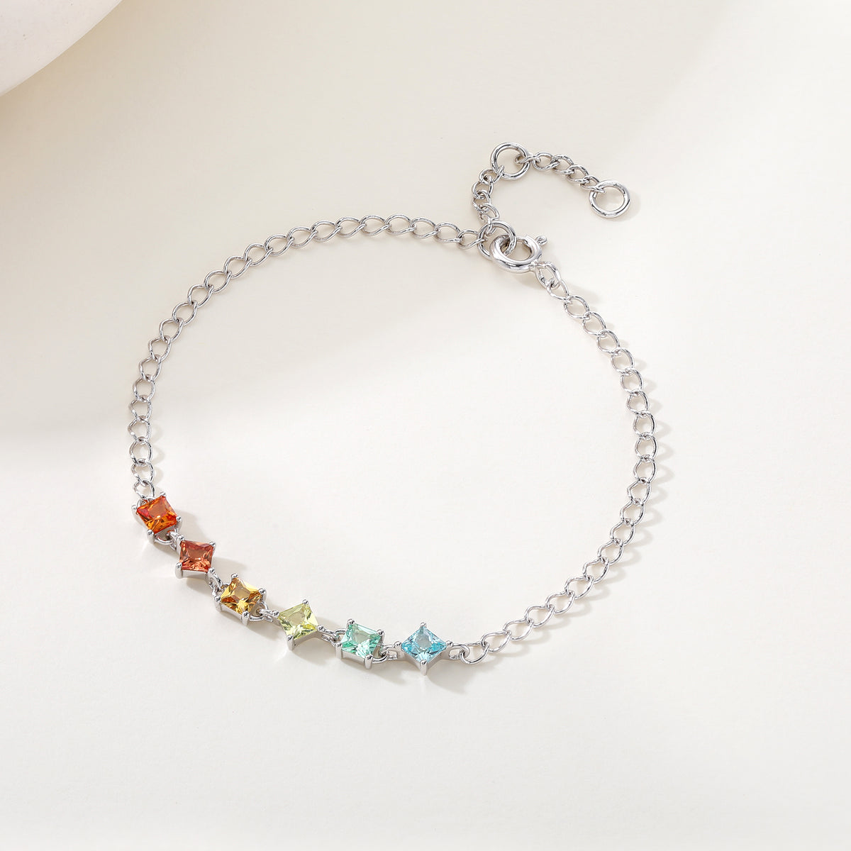 Rainbow Princess‑Cut 6‑Gemstone Silver Bracelet