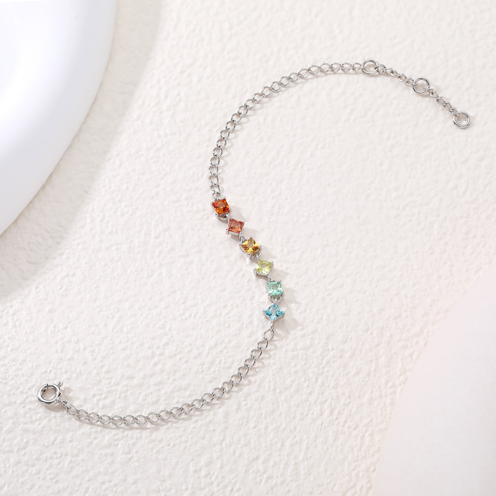 Rainbow Princess‑Cut 6‑Gemstone Silver Bracelet