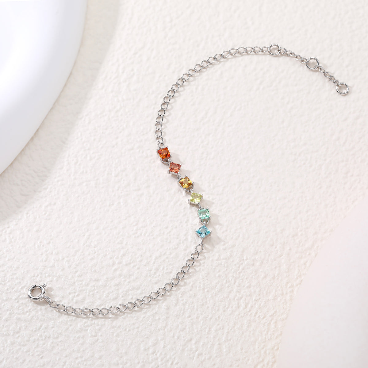 Rainbow Princess‑Cut 6‑Gemstone Silver Bracelet