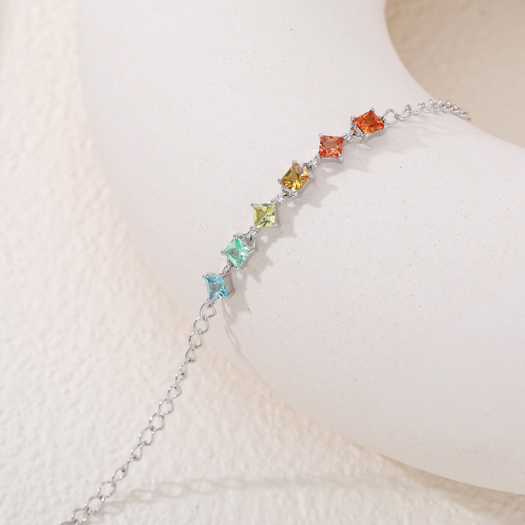 Rainbow Princess‑Cut 6‑Gemstone Silver Bracelet