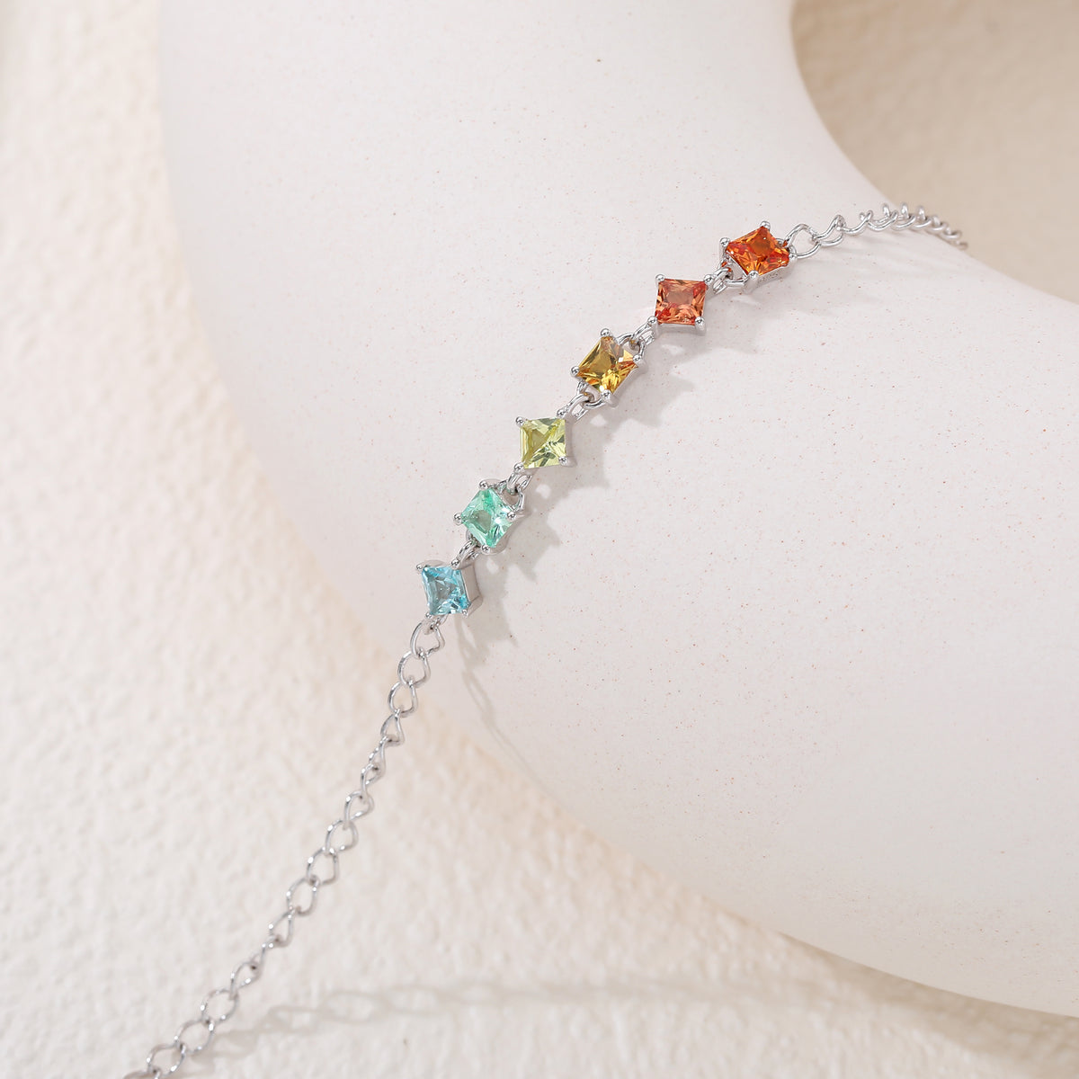 Rainbow Princess‑Cut 6‑Gemstone Silver Bracelet