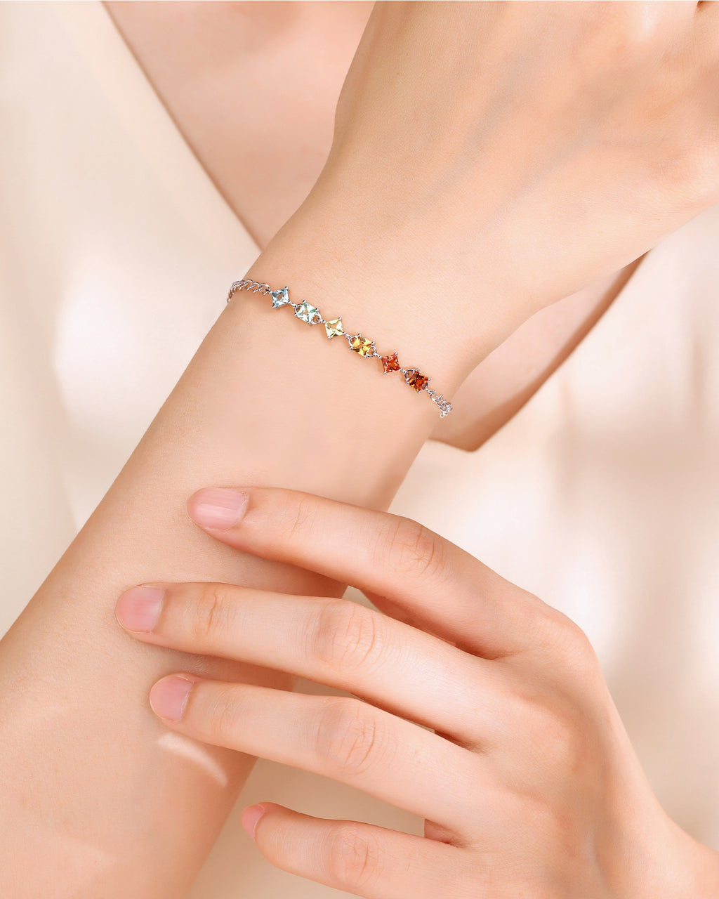 Rainbow Princess‑Cut 6‑Gemstone Silver Bracelet