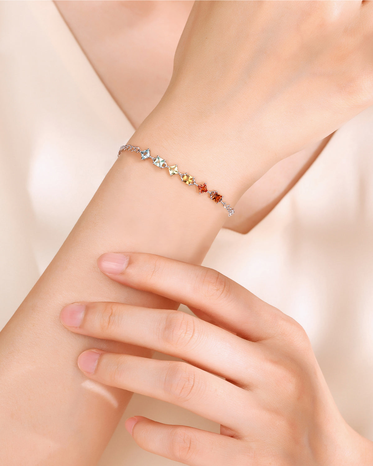 Rainbow Princess‑Cut 6‑Gemstone Silver Bracelet