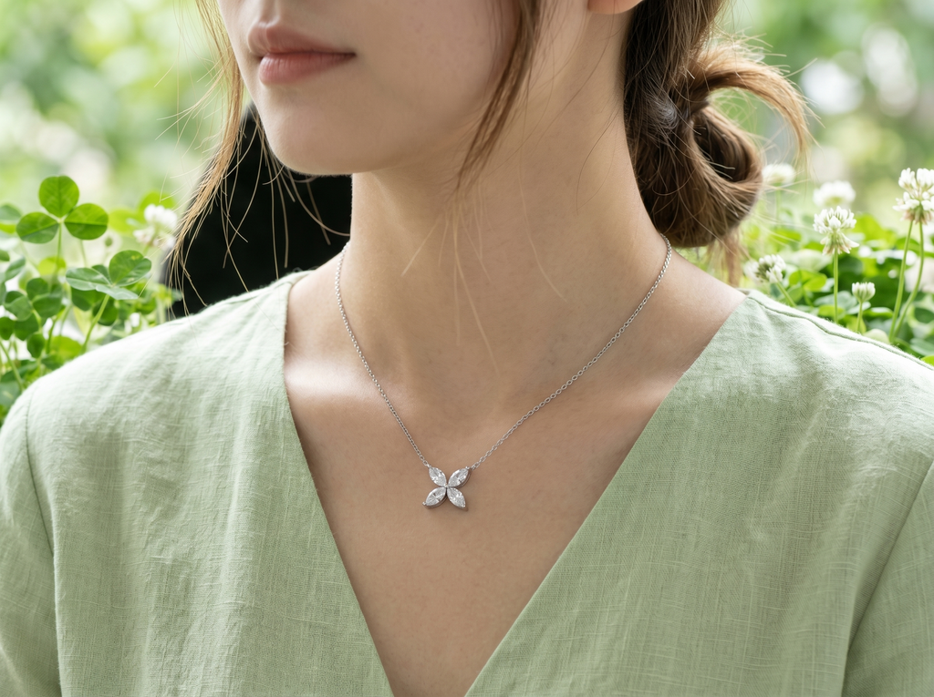 Marquise Four‑Leaf Clover Gemstone Necklace, Yellow / Red / Blue / Pink Stones, 18K White Gold / 925 Sterling Silver Bespoke Fine Jewelry