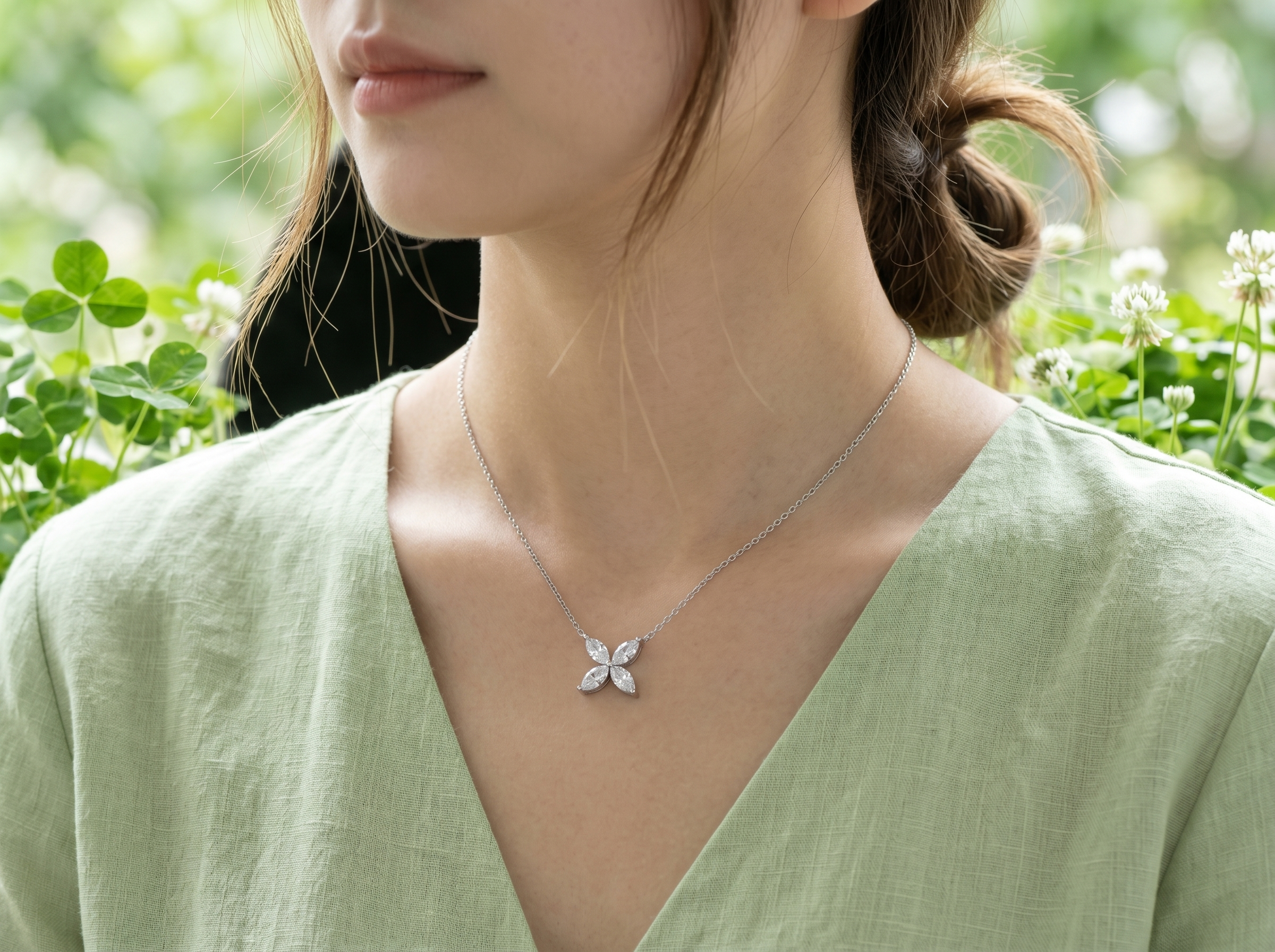 Marquise Four‑Leaf Clover Gemstone Necklace, Yellow / Red / Blue / Pink Stones, 18K White Gold / 925 Sterling Silver Bespoke Fine Jewelry