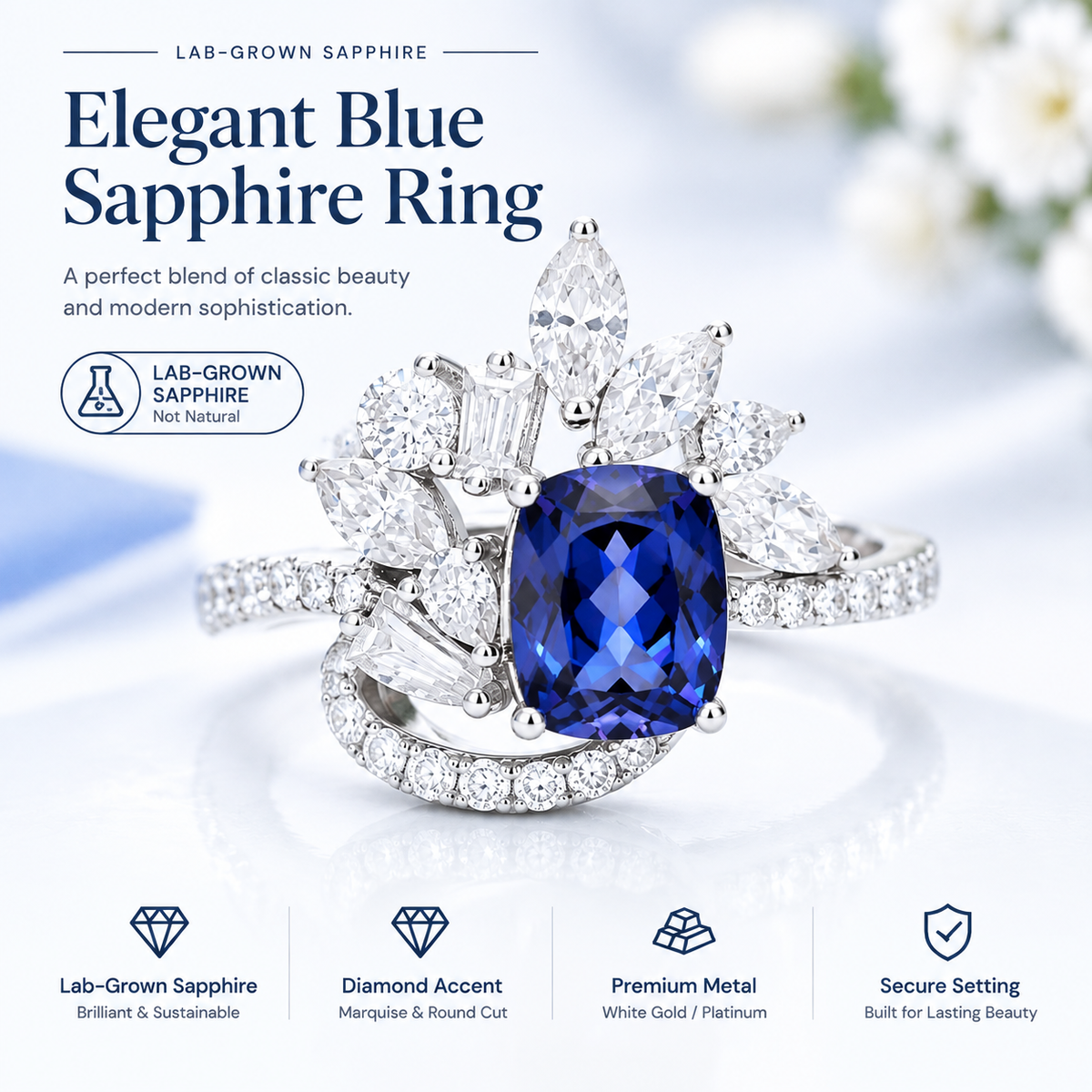 Cushion‑Cut Floral Halo Gemstone Statement Ring